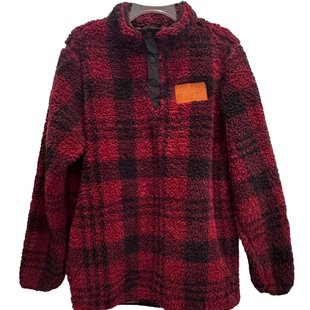 Louisiana Home Free Quarter Snap Burgundy/Black Buffalo Check Sherpa Pullover